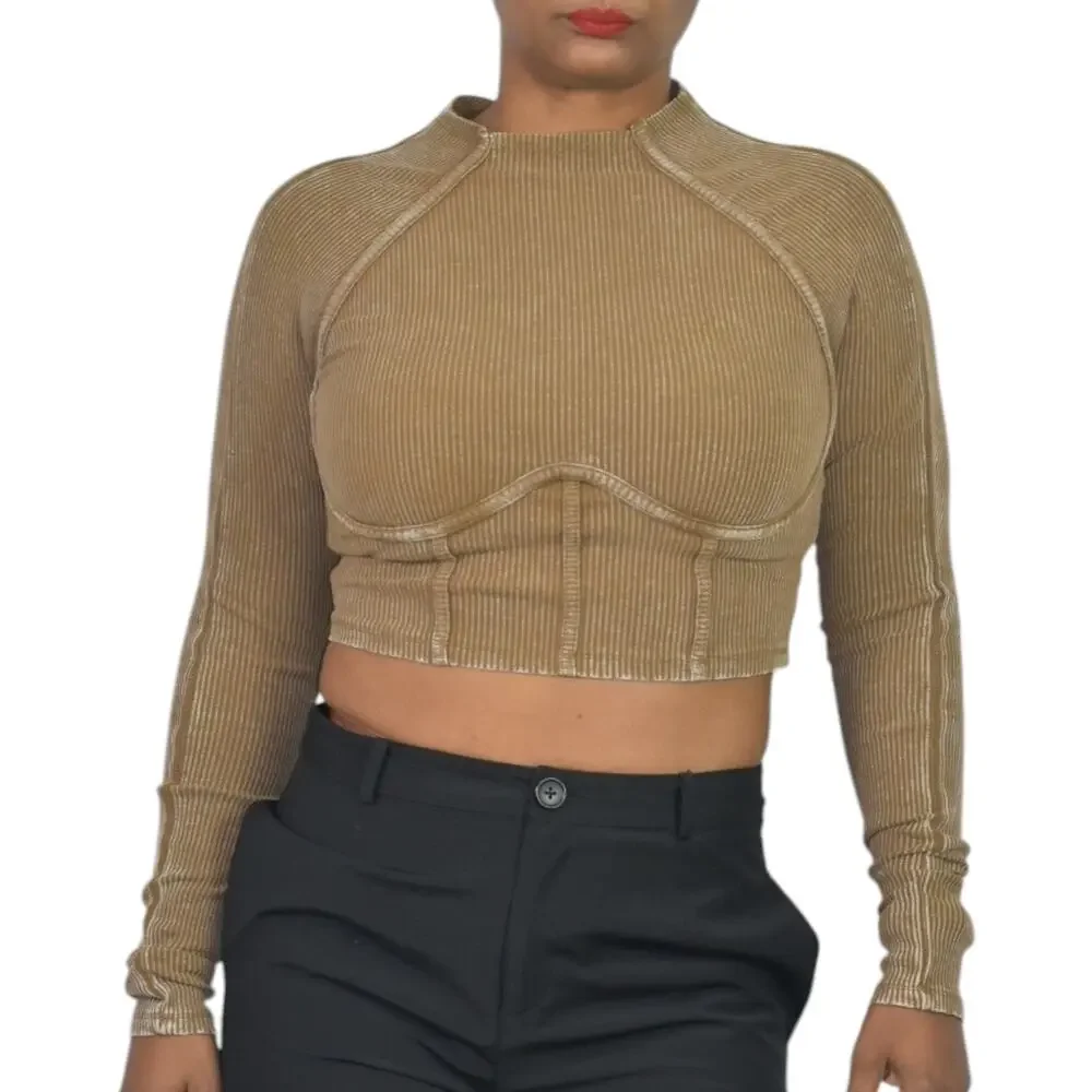 Fashion Nova Corset Crop Top Brown Washed Ribbed Long Sleeve Bustier Size Medium - Picture 13 of 15